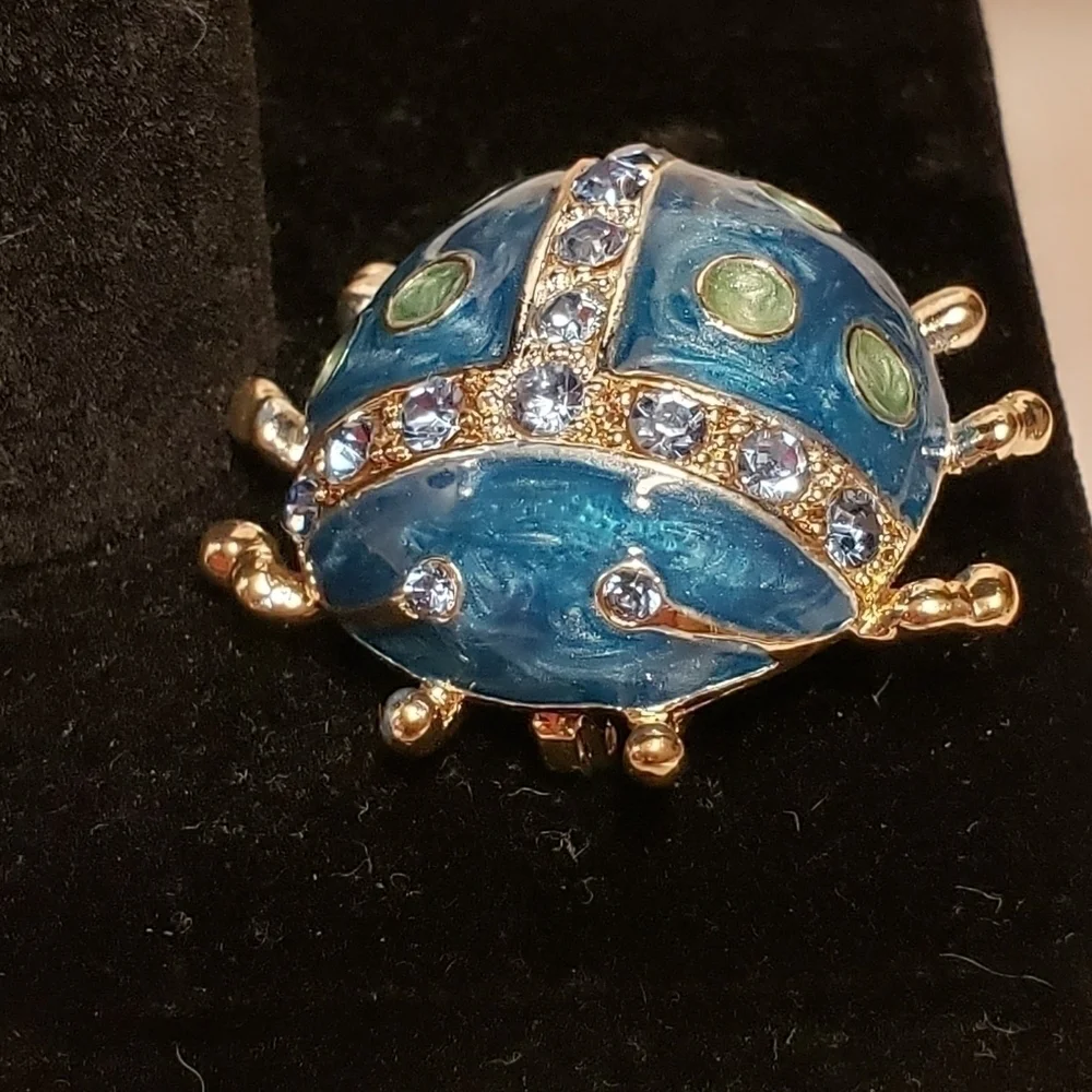 Enamel & Rhinestone Beetle Bug Cute Brooch Pin Teal